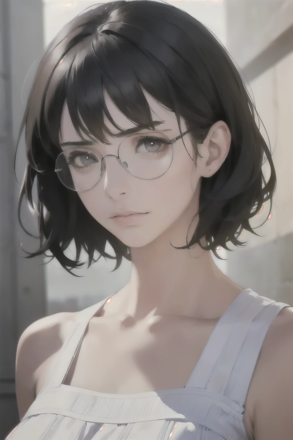 (18 year old woman), (black hair, short hair, bangs, hair down to her shoulders) ((round glasses on her face)) (white skin) angry, western face, dark circles, sad and tired and droopy face, pimples on her face , thin nose, ((best quality)), ((ultra resolution)), ((Photorealistic: 1.4)), (intricate details)
