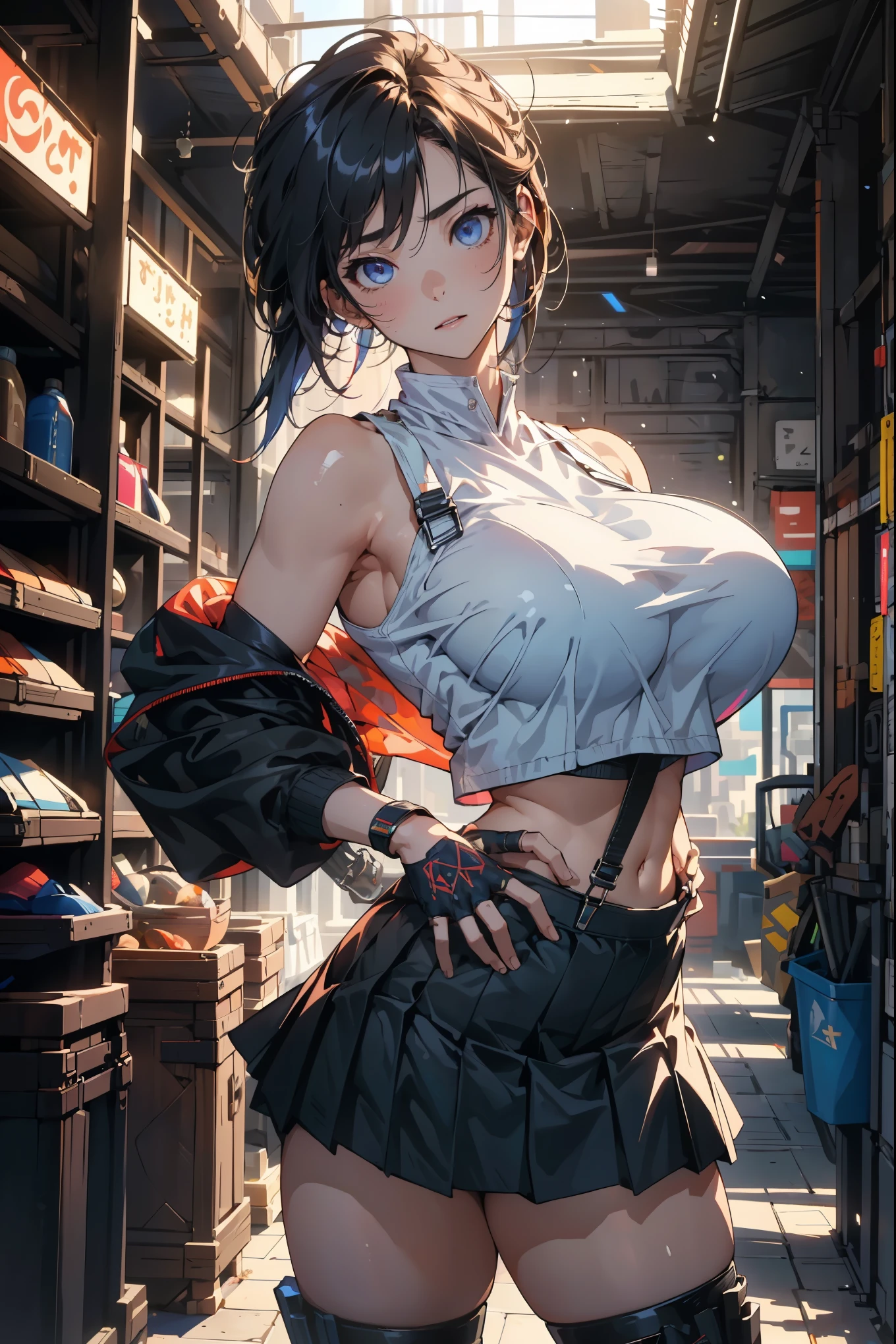 Unreal Engine 5 Photorealistic Rendering, (masterpiece, best quality), Intricate details, (best quality)), ((masterpiece)), ((Practical)), (Surrealism:1.2), (fractal art:1.2), 
1 girl, 7rtifa, Crop Top, arm guard, Fingerless gloves, Suspenders, Pleated mini skirt, black, Red boots extremely detailed eyes, Colorful, Most detailed, 
Vibrant colors, High contrast,
(8k Ultra HD:1.2), (photoPractical:1.2), Pretty Face, top body is hyper Practical thicc muscle and hyper largest_Chest!! with Chest type_melon, The butt is so big, Hydrated and shiny body,huge , Crazy breast swelling, Chest is larger than shoulder blade, Big breasts and thin waist，(huge breasts:1.2)，Hydrated skin（（rogue））（（Very huge breasts）），（（Grooves reveal original skin））