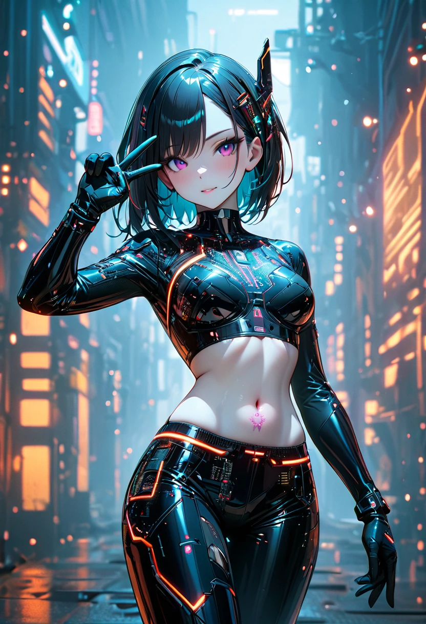 beautiful Cybernetics girl wearing a Futuristic Hair accessories, (Delicate skin), Pale skin, black crop top made of circuit boards, Navel tattoo, sexy Futuristic cyberpunk underpants, on branch, v, Japanese words with glitter effect, cyberpunk background,Sensual, is attractive, (masterpiece:1.3), (best quality:1.3), (ultra detailed:1.3), 8k, extremely clear