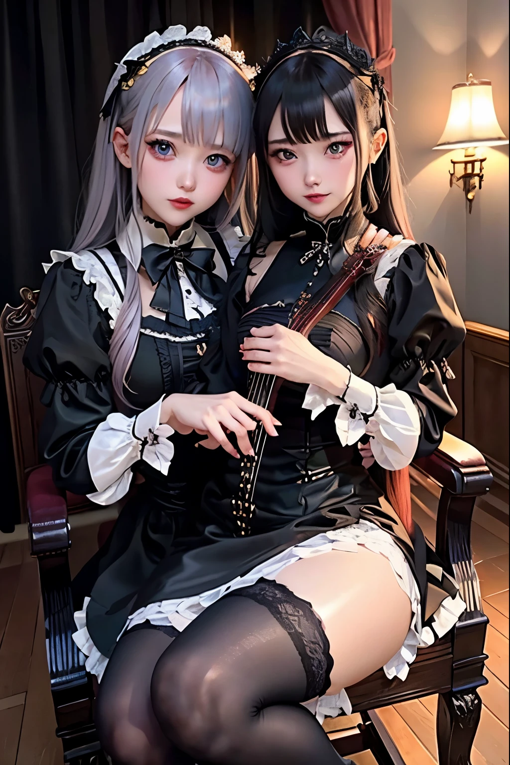 ハードDark Gothicメイク、Deep Night Sky、Horror、Black dark eyeshadow、sad、Good skin radiance、Dark Gothicメイク、Dark smile、palace、24-years-old、Embarrassed look、Dark Gothic、Obscene language、highest quality、Drunk face、紫のMaid clothes、Mysterious、Noble、sexy、Loving smile、Right blue eye, Left eye is red、Platform Heel Shoes、Heavy makeup、Gothic Lolita Clothing、Silver Hair、Long Hair Straight Hair、Cute Gothic Lolita Dress、Beautiful Face、elegant features、Fascinating face、Stained glassが背景、Chest glistening with sweat、The room is dark、gothic long dress、Bell Sleeves、Wizard Sleeve、Decadent look、Sexually excited expression、Glossy thighs wet with water、Thighs that are wet and shiny with oil、Background of a room full of roses、The embroidery is pink、The dress has pink embroidery、Thigh-high socks、Knee-high socks、Gentle expression、Dark black eyeshadow、Stained glassと薔薇背景、Female Duo、Female couple、dark church background、Stained glass、Black metal world、Dark Castle、Slender body、gothic long dress、Maid clothes、Victorian dresses、Her thighs glisten with sweat、My body is wet and shiny、Lots of glitter on the thighs、My thighs are sticky from sweating、Sweat glistens on the thighs, The whole body is sweaty and shiny、Quite sweaty、My thighs are sweaty、My thighs are so wet、My thighs are shining with sweat、A lot of sweat glistens all over the body、Small breasts、Orchestra StageStage、Dynamic Angle、sitting on a gothic chair、Play the violin gracefully、With a violin、Press the violin strings、violinist、orchestra performance、Thin thighs、slender、Violin body and strings、Sit on a chair、pantyhose、