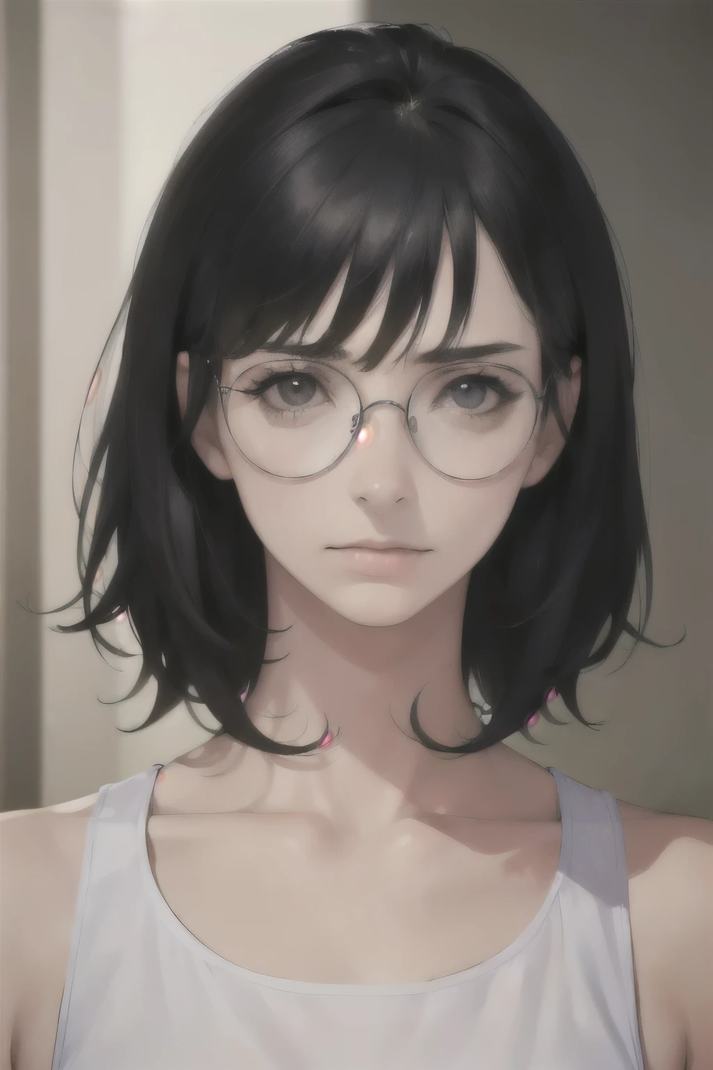 (18 year old woman), (black hair, short hair, bangs, hair down to her shoulders) ((round glasses on her face)) (white skin) angry, western face, dark circles, sad and tired and droopy face, pimples on her face , thin nose, ((best quality)), ((ultra resolution)), ((Photorealistic: 1.4)), (intricate details)
