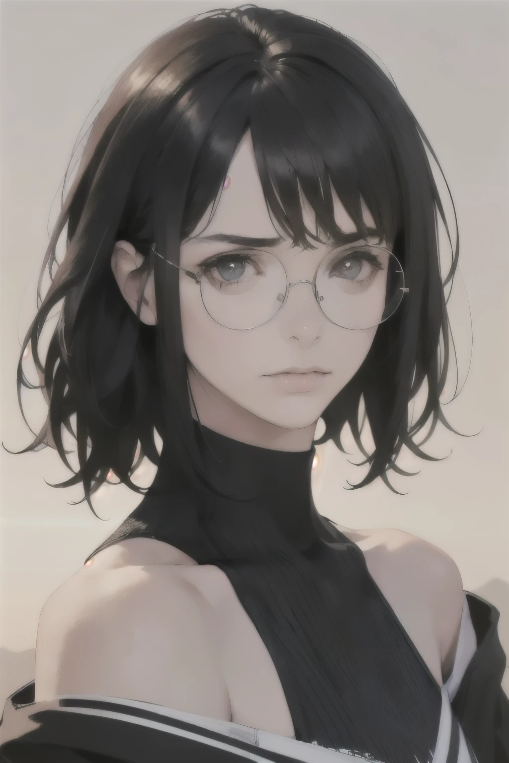 (18 year old woman), (black hair, short hair, bangs, hair down to her shoulders) ((round glasses on her face)) (white skin) angry, western face, dark circles, sad and tired and droopy face, pimples on her face , thin nose, ((best quality)), ((ultra resolution)), ((Photorealistic: 1.4)), (intricate details)
