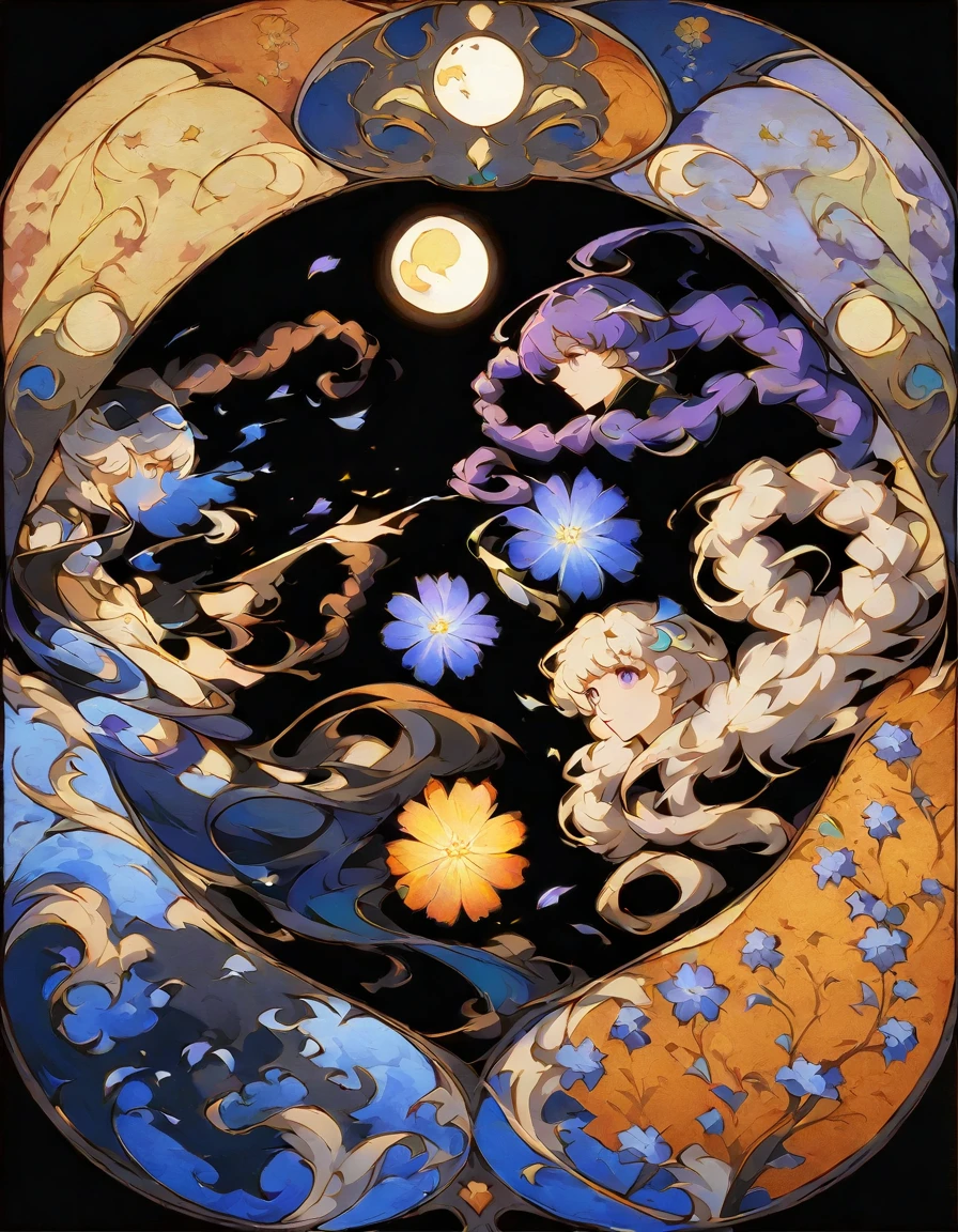 （Decorative paintings：1.6）、Light、Ink painting，ink，[（black background：1.5）：：0.25]，（fractal art：1.1），Blooming flowers，（Pop Art：1.4）、（art nouveau：1.1），night，Flower petals flutter，Moonlight，2 girls side by side hand heart gesture, yinji, purple hair, purple eyes, long hair, white hair, double braids, gradient hair,，Wearing a Kimono，(Heterochromia of the Eyes)，Purple and eyeasterpiece，quality，最佳quality，Official Art，Beauty and aesthetics：1.2），Very detailed，（dispute：1.2），（Hexagon：1.4），Blue Background，（Traditional Chinese embroidery fabrics：1.2）、Skin Light、（multicoloured：1.4）。