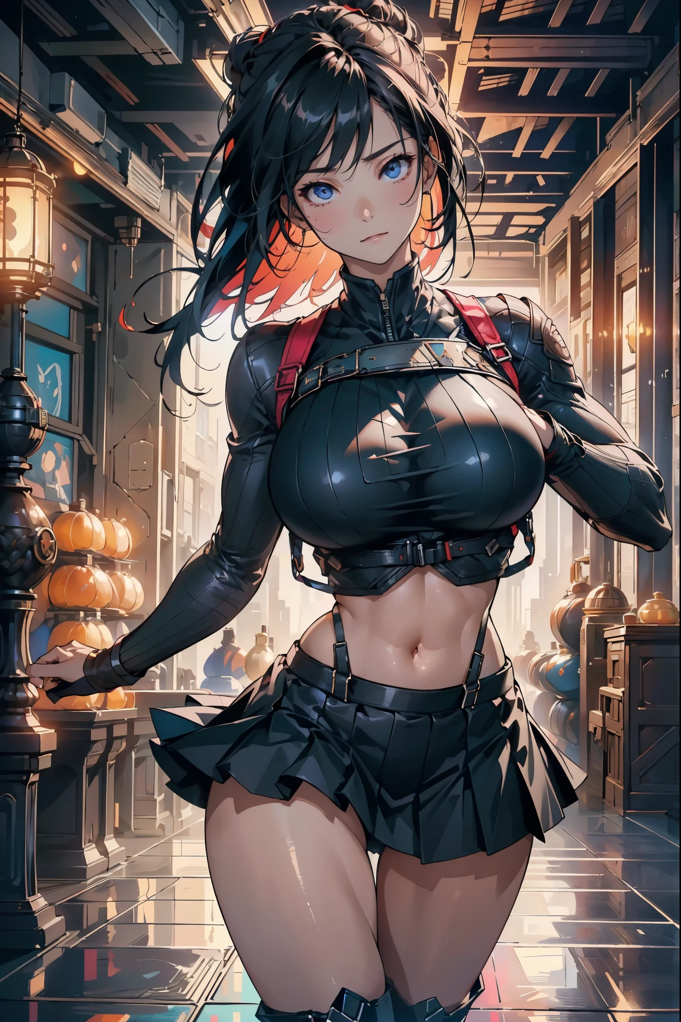 Unreal Engine 5 Photorealistic Rendering, (masterpiece, best quality), Intricate details, (best quality)), ((masterpiece)), ((Practical)), (Surrealism:1.2), (Fractal Art:1.2), 
1 girl, 7rtifa, Crop Top, Arm Guard, Fingerless gloves, Suspenders, Pleated mini skirt, black, Red boots extremely detailed eyes, Colorful, Most detailed, 
Vibrant colors, High contrast,
(8K Ultra HD:1.2), (photoPractical:1.2), Pretty Face, top body is hyper Practical thicc muscle and hyper largest_Chest!! with Chest type_melon, The butt is so big, Hydrated and shiny body,huge , Crazy breast swelling, Chest大于肩胛骨, Big breasts and thin waist，(huge breasts:1.2)，Hydrated skin（（rogue））（（非常huge乳房）），（（Grooves reveal original skin））