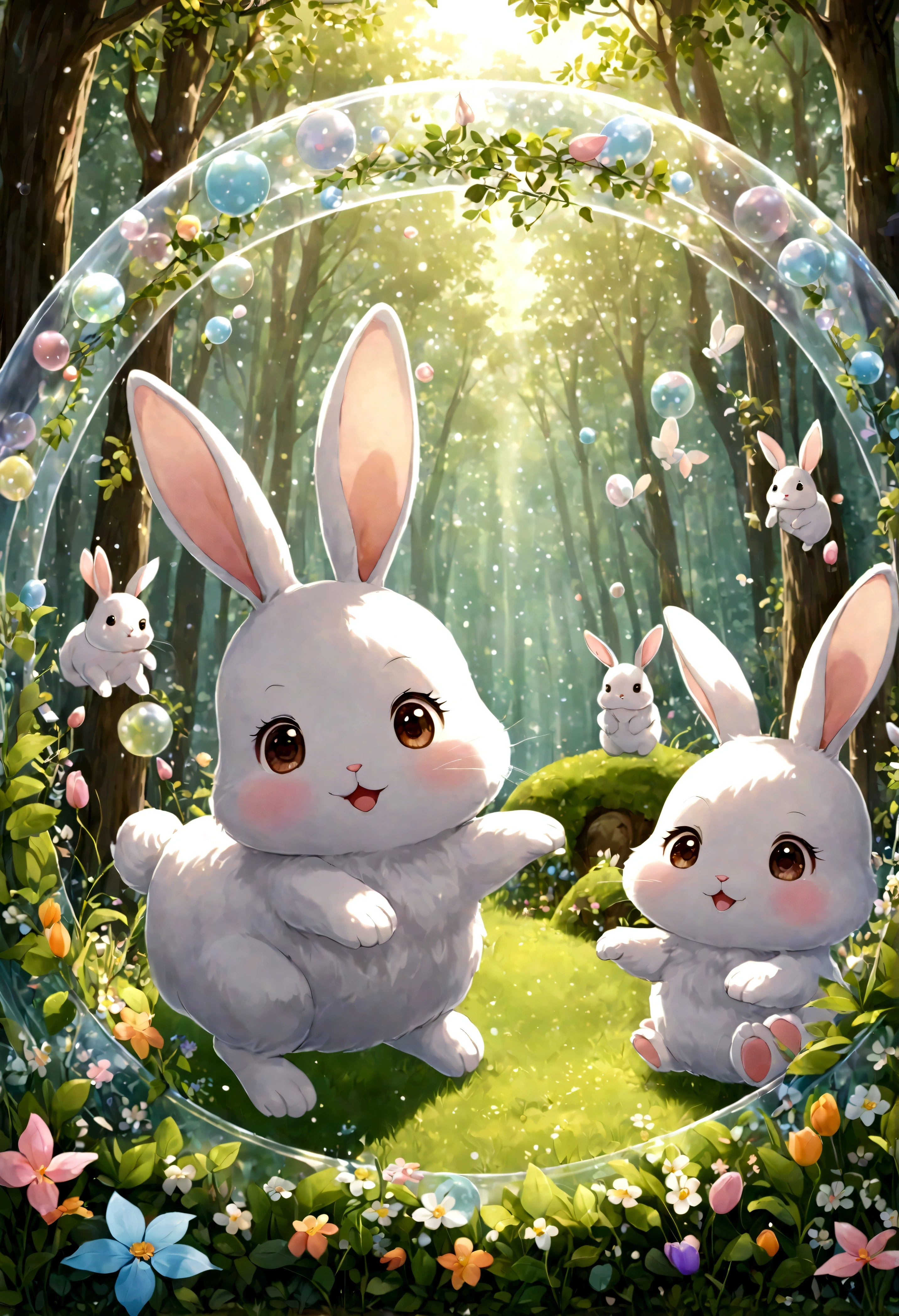 best quality, super fine, 16k, extremely detailed, 2.5D, delicate and dynamic, adorable fantasy story, round fluffy baby bunnies, white, grey, brown, hopping through the forest, transparent and translucent iridescent barrier, sparkling frame made of pastel polka dots