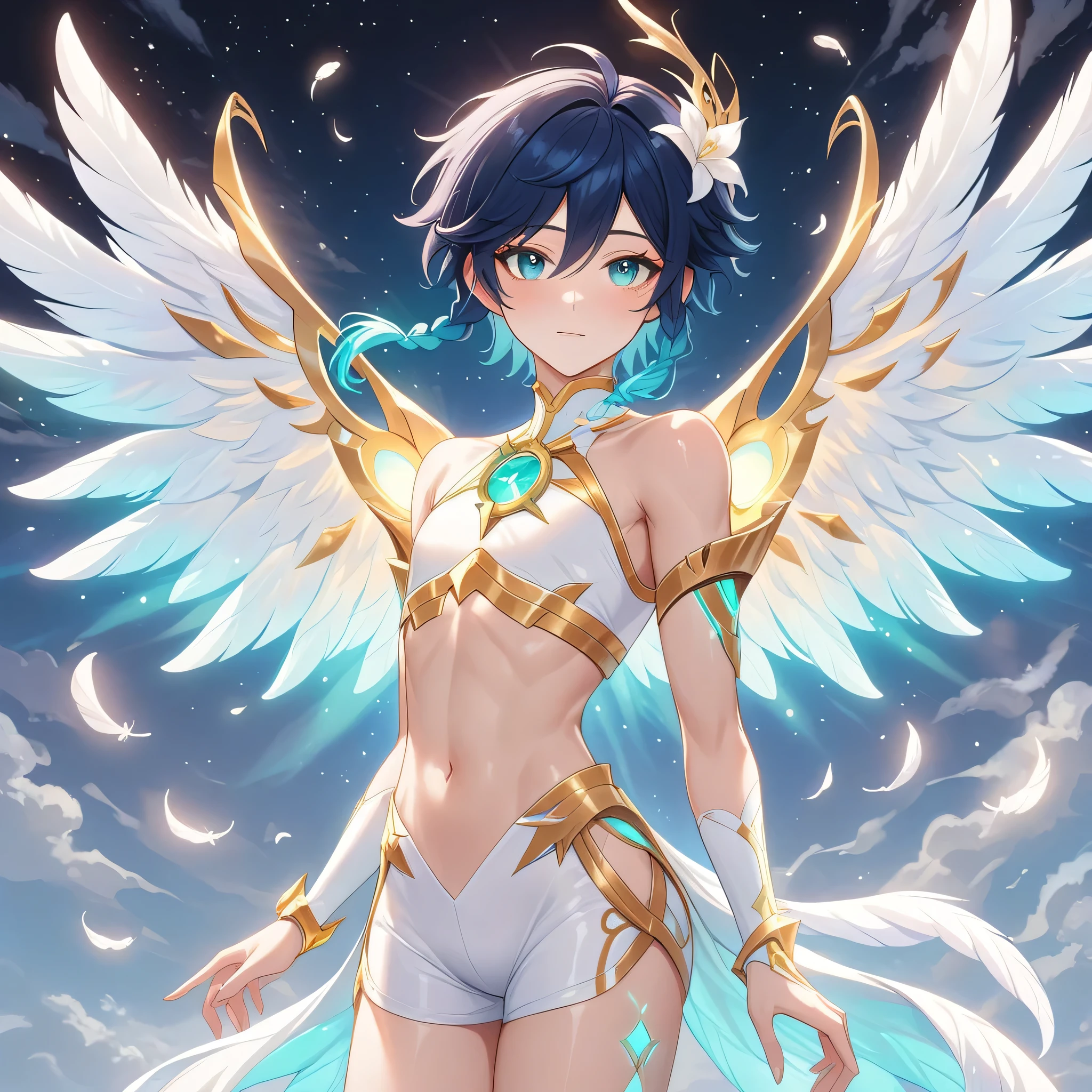 masterpiece,best quality,very aesthetic,absurdres,1boy,venti_/(archon/)_/(genshin_impact/),male_focus,detailed_eyes,teenage boy,large fluffy all white feathered_wings,white halter_crop top with gold accessories,smooth low waisted white spandex shorts with gold trim,single hair_flower,midriff,black blue hair gradient,twin braids,((flat chest)),starry_sky,moon,starry_sky_print,((bluegreen eyes)),slender,feathers,divine,detailed_eyes,narrow_waist,bare stomach,iridescent volumetric light, god rays, heavenly,cosmic,celestial,8k,4k,uhd,award-winning,realistic:.25