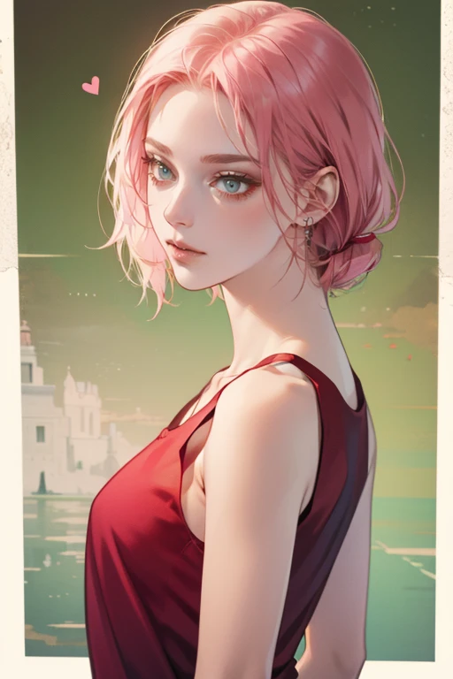 young woman, short shoulder-length pink hair, wide forehead, porcelain skin, pink eyebrows, big emerald green eyes, buttoned nose, full lips, heart-shaped face, slender body, small breasts, red tank top, Sakura Haruno , realistic, realism, details, 3d, well detailed
