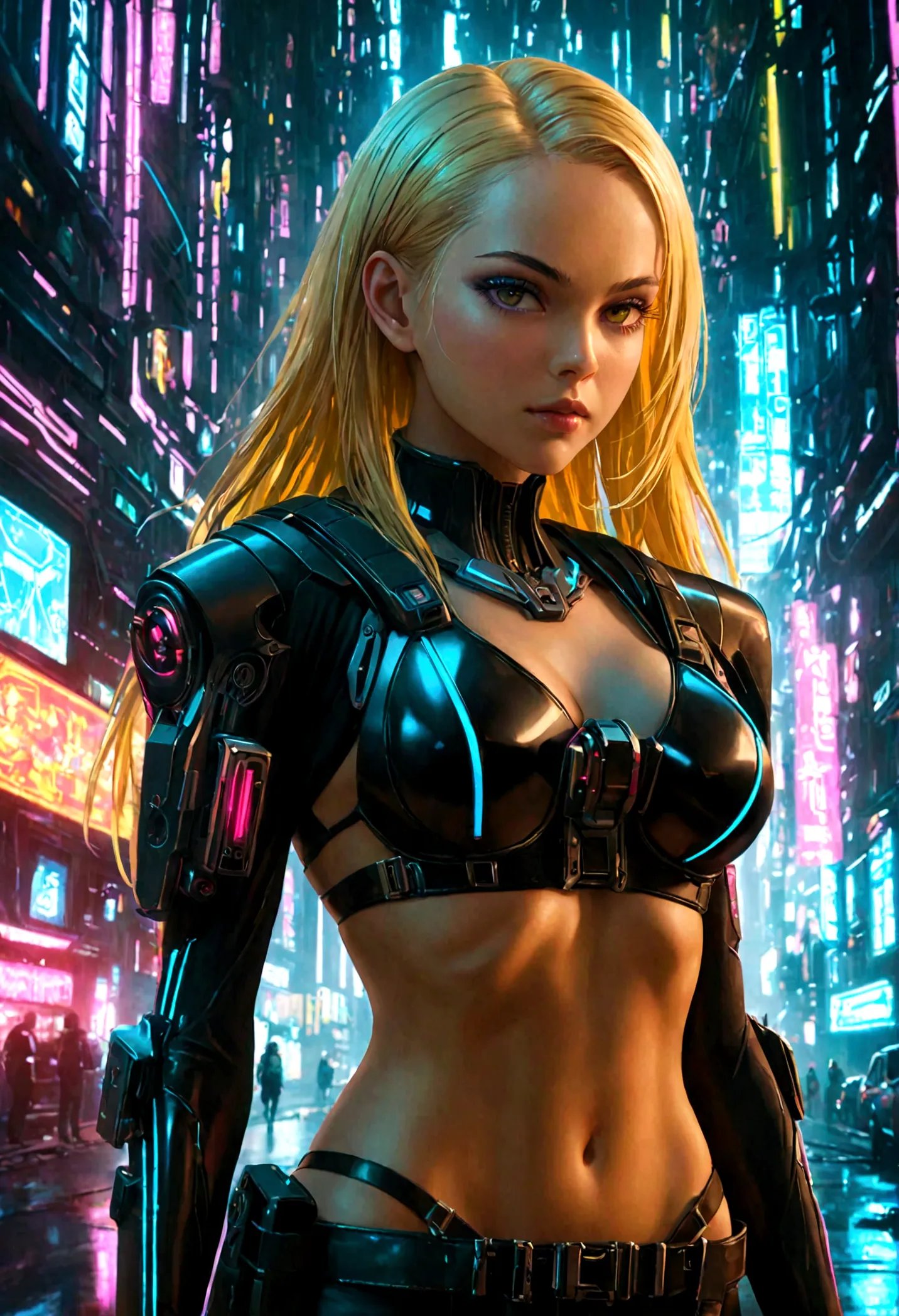 a beautiful young woman with an ideal physique in a latex bikini, belt, and holster for a laser gun, long blonde hair, futuristi...