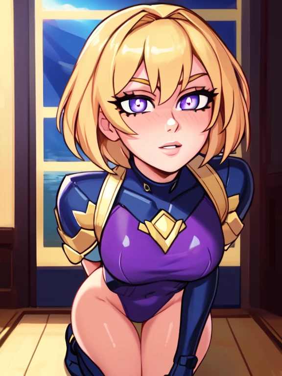 ((Best Quality)), ((Masterpiece)), (detailed), (4k quality), (Detailed face:1.2), (Detailed eyes:1.2), (Agile figure:1.2), solo, 1girl, 22 years old, short blonde hair, blue eyes, shiny purple leotard, natural lighting, (looking at viewer), (detailed pupils:1.3), full body
