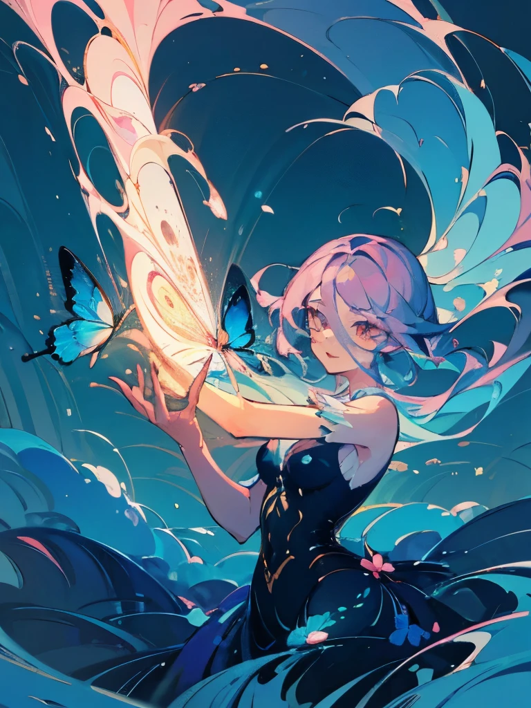 card, pretty, beautiful, and mesmerizing background, a character in the middle, perfect composition representing a tarot card, the most mesmerizing composition of an artwork, eternally ethereal artwork,  (best quality,4k,8k, high res,masterpiece:1.2), ((masterpiece)), (((best quality))), slightly muted colors, Illustration, 1 girl, hair color, hairstyle fax, eyes, environment change, (best quality,4k,8k, high res,masterpiece:1.2), ((masterpiece)), (((best quality))), Illustration, 1 girl, hair color, hairstyle fax, eyes, environment, joyful pose, happy aura, tiny blue butterflies everywhere, 2d painting, ethereal painting
((masterpiece)), (((best quality))), Illustration, 1 girl, hair color, hairstyle fax, eyes, environment change, happy environment, (blue butterflies), butterfly style, bubbly style, happy, pink, joyful  happy-go-lucky pose, pink hair, adventurous, funny, friendly, pink eyes, sunny happy theme, pink fashion, happy pose, hairstyle fax, action, female, happy with butterflies and sunshine, charturnbetalora, big smile  (ethereal being), ethereal pose, soft smile, (({comforting aura})), tiny blue stars everywhere, 2d painting, ({ethereal painting})