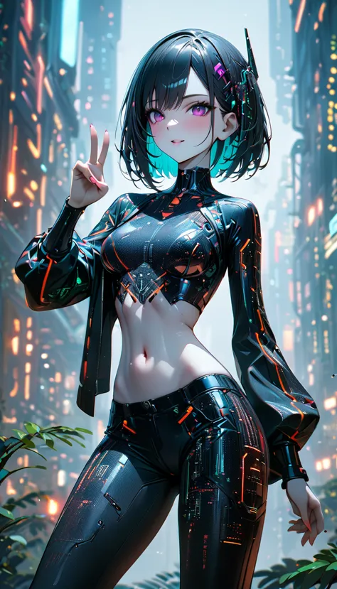 beautiful Cybernetics girl wearing a Futuristic Hair accessories, (Delicate skin), Pale skin, black crop top made of circuit boa...