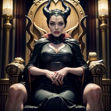 Masterpiece, best quality, detailed face, perfect eyes, Maleficent, pale skin, green eyes, black cowl, demon horns, throne behin...