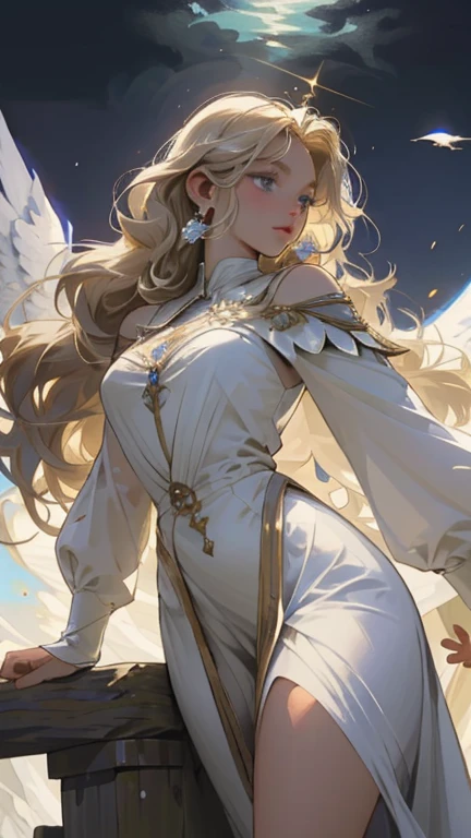 illustration，beautiful woman，hot，Raised sexy，Long curly hair，Perfect body，wear white dress，Highlight your figure，v collar，Wear silver earrings and necklace，beautiful female breasts beautiful，face clearing charm: dark background, A beam of light fell from the sky, magical wind, A young horn boy Raphael，There are six white angel wings and a shining halo made of stardust, Holding the sword of life, Fly calmly into the air, Long light blonde shiny straight hair, Skin as white as snow, Lake blue eyes, light eyebrows, Exquisite and beautiful face, divine light, Wearing a shiny white angel robe, in the morning mist, palace, fantasy, Find the view, bright, clean background trend, Rich details, high quality