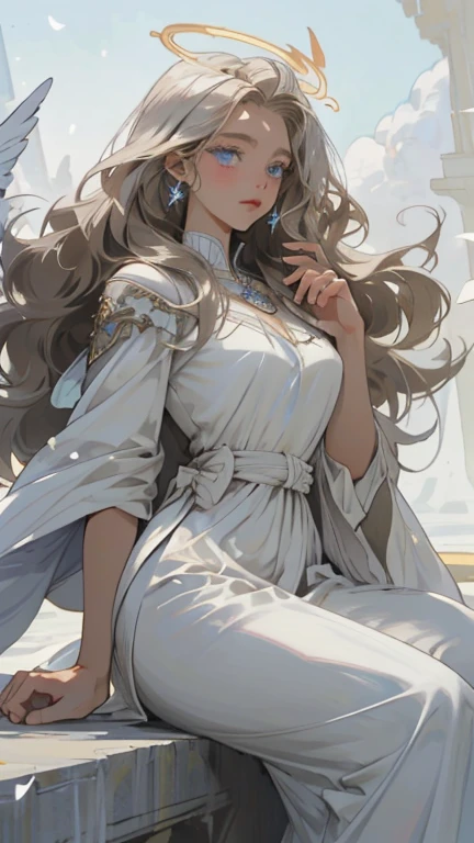 illustration，beautiful woman，hot，Raised sexy，Long curly hair，Perfect body，wear white dress，Highlight your figure，v collar，Wear silver earrings and necklace，beautiful female breasts beautiful，face clearing charm: dark background, A beam of light fell from the sky, magical wind, A young horn boy Raphael，There are six white angel wings and a shining halo made of stardust, Holding the sword of life, Fly calmly into the air, Long light blonde shiny straight hair, Skin as white as snow, Lake blue eyes, light eyebrows, Exquisite and beautiful face, divine light, Wearing a shiny white angel robe, in the morning mist, palace, fantasy, Find the view, bright, clean background trend, Rich details, high quality