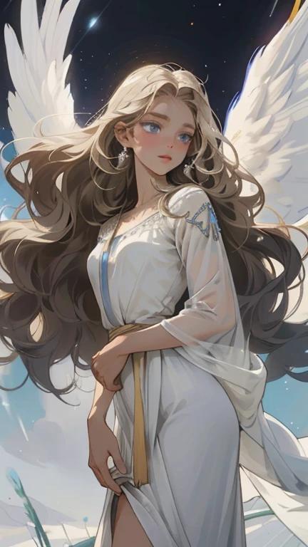 illustration，beautiful woman，hot，Raised sexy，Long curly hair，Perfect body，wear white dress，Highlight your figure，v collar，Wear silver earrings and necklace，beautiful female breasts beautiful，face clearing charm: dark background, A beam of light fell from the sky, magical wind, A young horn boy Raphael，There are six white angel wings and a shining halo made of stardust, Holding the sword of life, Fly calmly into the air, Long light blonde shiny straight hair, Skin as white as snow, Lake blue eyes, light eyebrows, Exquisite and beautiful face, divine light, Wearing a shiny white angel robe, in the morning mist, palace, fantasy, Find the view, bright, clean background trend, Rich details, high quality