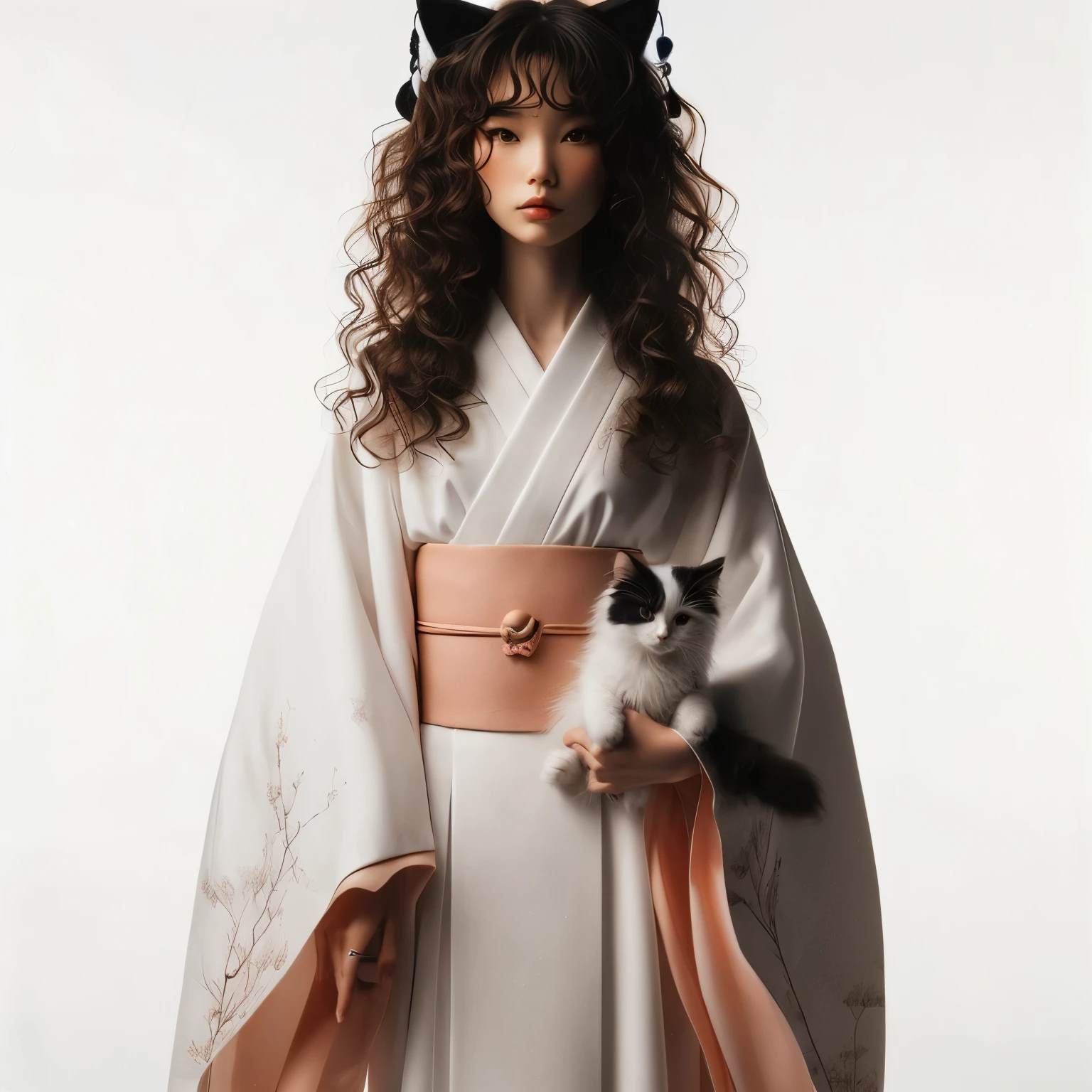 Tall Japanese girl curly hair in all white kimono, with hints of peach, black cat ears, small black and white cat, full body shot, white background, 8k resolution, in the style of da vinci,golden kimono,perfecteyes eyes