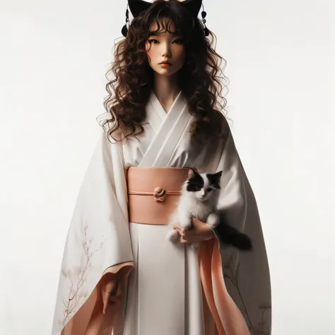 Tall Japanese girl curly hair in all white kimono, with hints of peach, black cat ears, small black and white cat, full body sho...