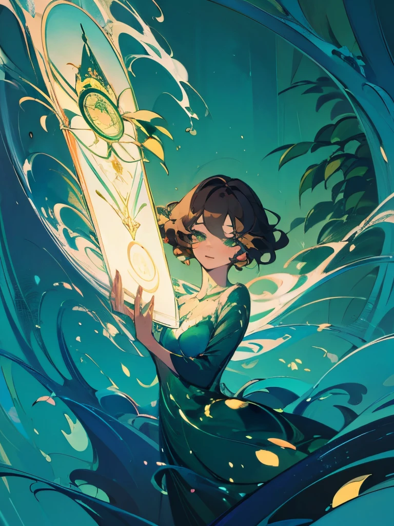 card, pretty, beautiful, and mesmerizing background, a character in the middle, perfect composition representing a tarot card, the most mesmerizing composition of an artwork, eternally ethereal artwork,  (best quality,4k,8k, high res,masterpiece:1.2), ((masterpiece)), (((best quality))), 

((masterpiece)), (((best quality))), Illustration, 1 girl, hair color, hairstyle fax, eyes, environment change, plants, flowy puffy hair, green eyes, forest, fairy, adorable, hairstyle fax, deity, brown hair, short hair, bangs, magical, tarot card pose, pose kotai, female, green dress, plants and forests theme, (ethereal being), ethereal pose, charturnbetalora, clothes are a mix of white or green, smile

 (ethereal being), ethereal pose, soft smile, (({comforting aura})), 2d painting, ({ethereal painting})