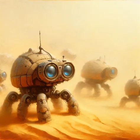 cute short sand covered dusty but shiny robot beetles, close up in a dusty sand desert, oil, cactus and rock background, dusty s...