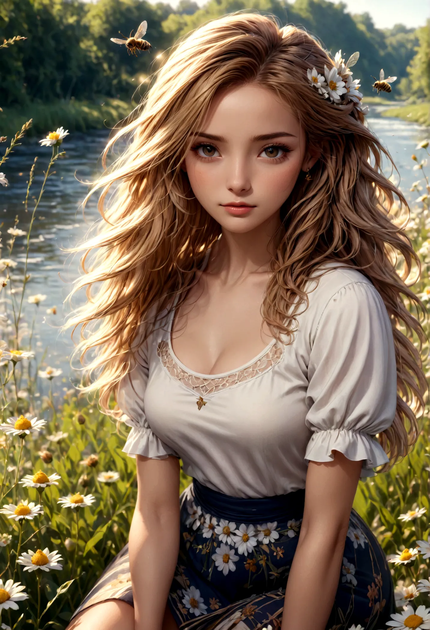 Honey Bee Girl, Photorealistic, full body photo, detailed facial features, subtle skin tones, HD, 8k, ultra high resolution, exq...