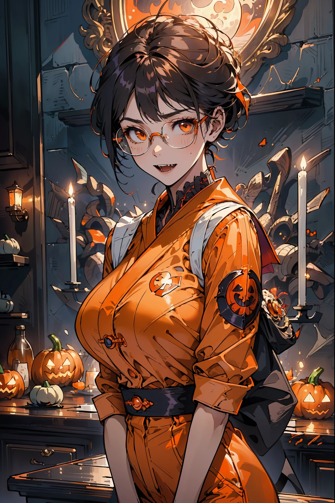 (Halloween Vampire Theme:1.3), Scary monsters, Upper body photo (elegant) Vampire woman standing on the roof under the red full moon, Vampire Fangs, ivory, Let me see your fangs, Wearing an orange Halloween costume, (The fusion of orange sailor suit and work pants:1.3), (Orange themed clothing:1.3), wear glasses, shut up,(Smiling eyes:0.2),looking at the audience, (on the table, best quality:1.2), absurdes, Perfect work of art, Popular on artstation, Very detailed, fine, (current, Reality:1.37), portrait, There is light on the face, Delicate face, night, night situation, night time, (moonlight:1.3), Tentacle crawling、current, Super sharp, Super detailed, Bob short hair, ppixie hair, Parted bangs,huge , Crazy breast swelling, Chest larger than shoulder blades, Big breasts and thin waist，(huge breasts:1.2)，Hydrated skin（（rogue））（（Very huge breasts）），（（Grooves reveal original skin））