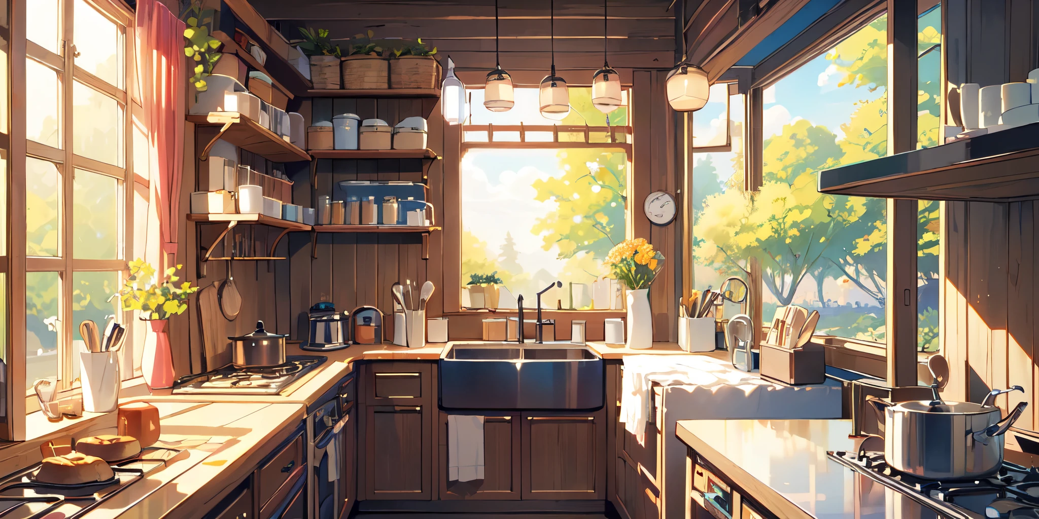 (masterpiece:1.2), best quality,pixiv,Warm animated scenes,cozy anime,
Sunlight,kitchen
 