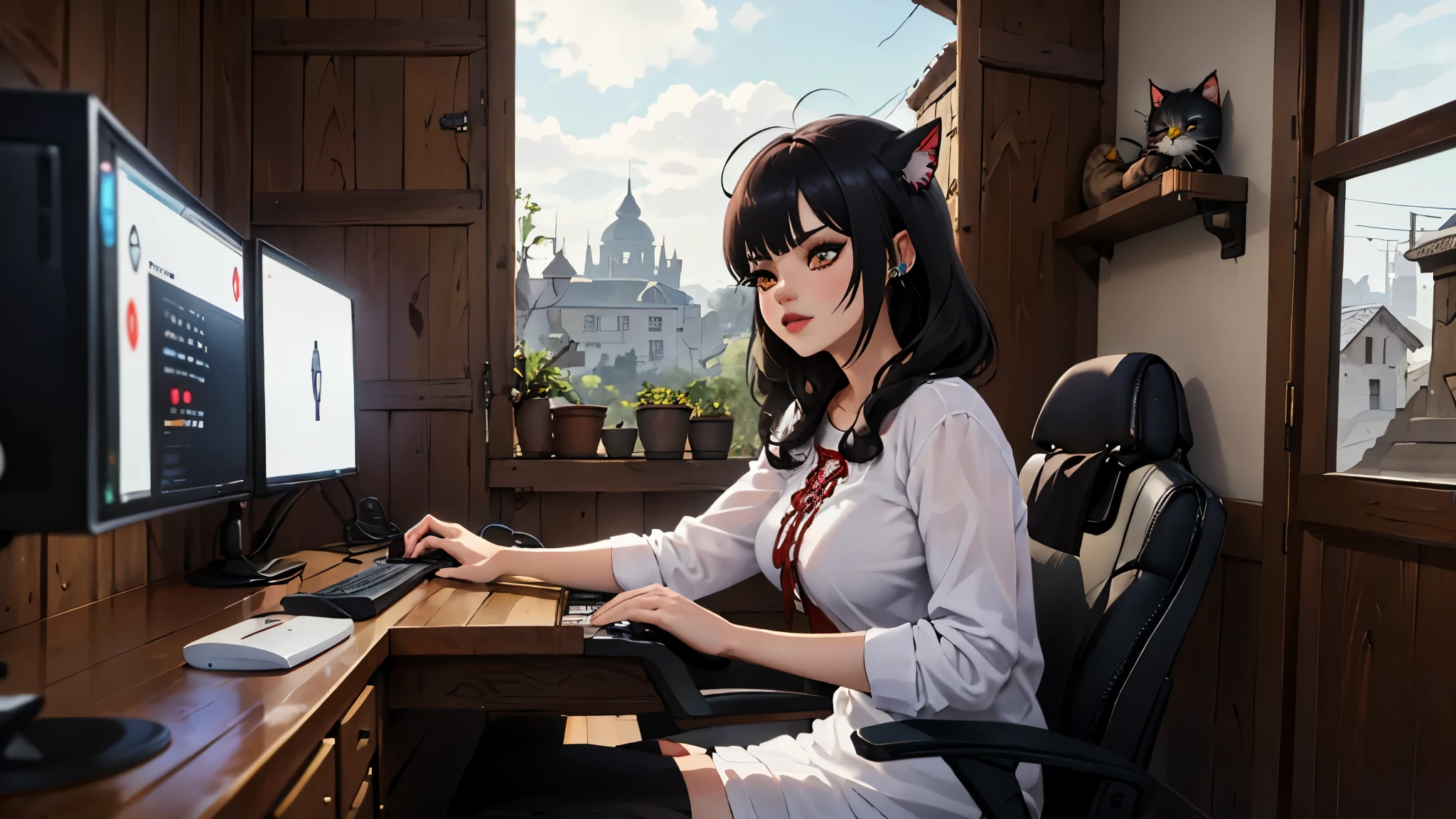 (junkotvv, black fur, fringe, ((cat ears)), Red eyes), in the foreground a villager is using a gaming computer inside a peasant house,peasants wearing renaissance clothing,Dur3r Style,(gaming computer monitor, keyboard (computer), Cables, rgb games),horses,castle in the distance,(cat ears)