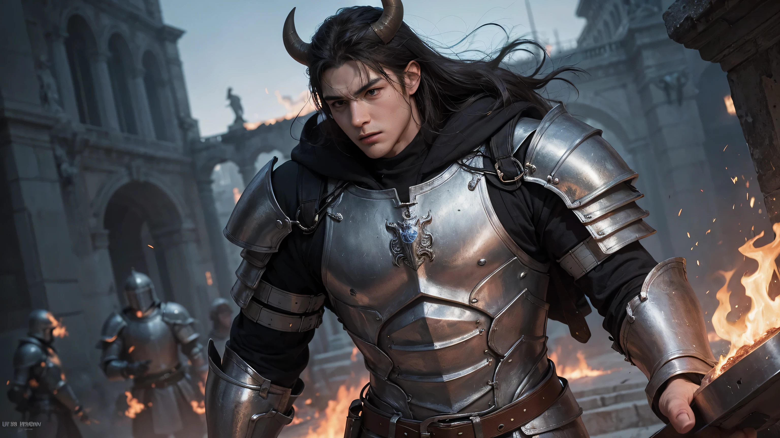 Rome Soldier young boy, Romance,High Detailed Face,Hair,(grey Iron body suit, Armour, Strong,),He handle knight with fire,Power, Ultimate,Ultra Detailed,Arcana Bull Background, Cenimatic Lighting,Day Time,