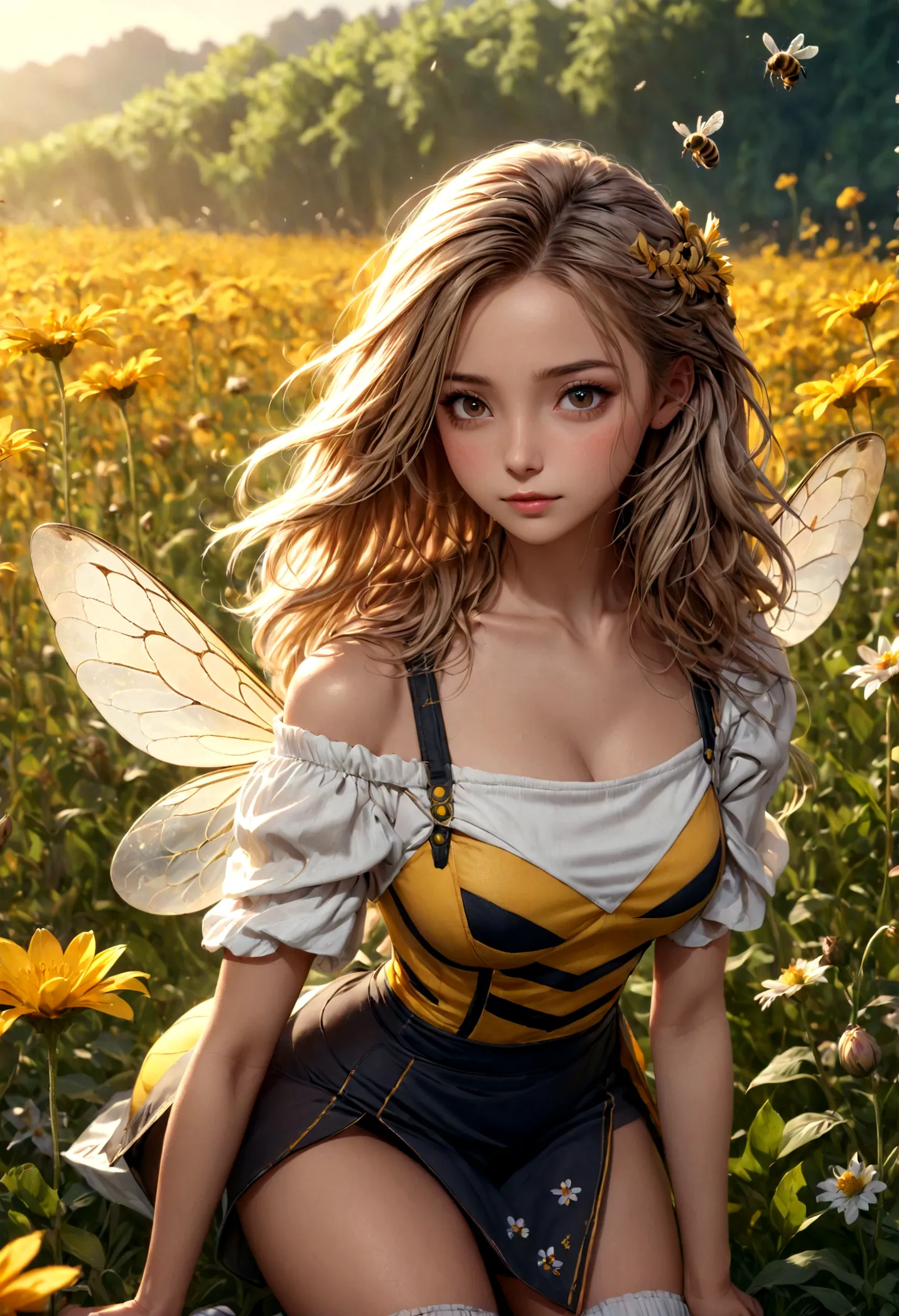 a girl in a bee costume, photorealistic, full body shot, extremely detailed facial features, subtle skin tones, hd, 8k, ultra hi...