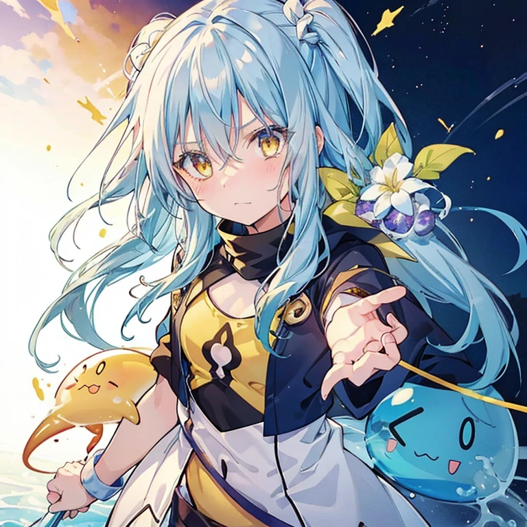 1girl, a close up of a woman in a yellow bikini, tensei shitara slime datta ken, light novel cover art, gapmoe tsundere, gapmoe tsundere grimdark, embarrassed, reincarnated as a slime, rimuru tempest, small oppai, long silver-blue hair, deep golden eyes