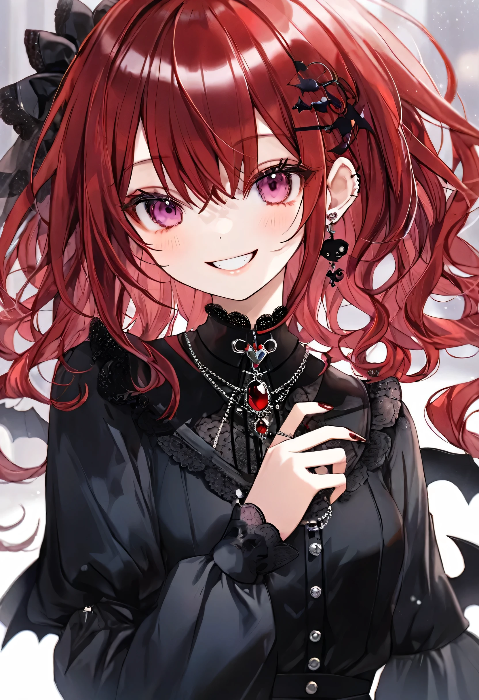 Anime girl with red hair and black dress holding a cell phone - SeaArt AI