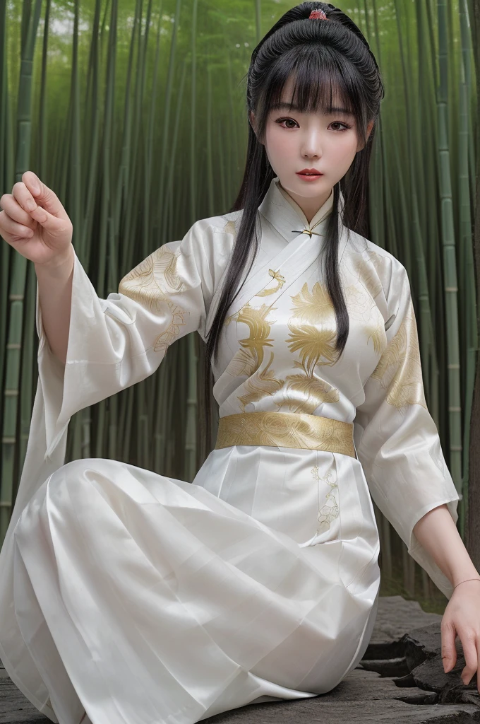 best quality, 8k, highly detailed face and skin texture, high resolution, asian girl in white chinese clothing at bamboo forest, full body, sharp focus