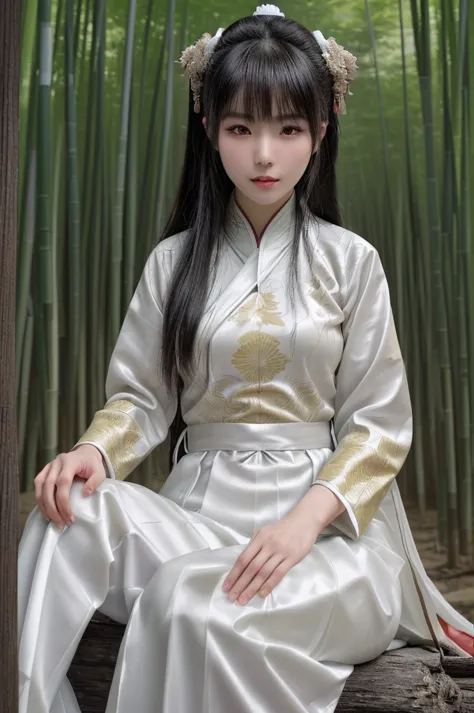 best quality, 8k, highly detailed face and skin texture, high resolution, asian girl in white chinese clothing at bamboo forest,...