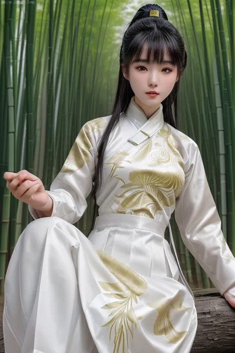best quality, 8k, highly detailed face and skin texture, high resolution, asian girl in white chinese clothing at bamboo forest,...
