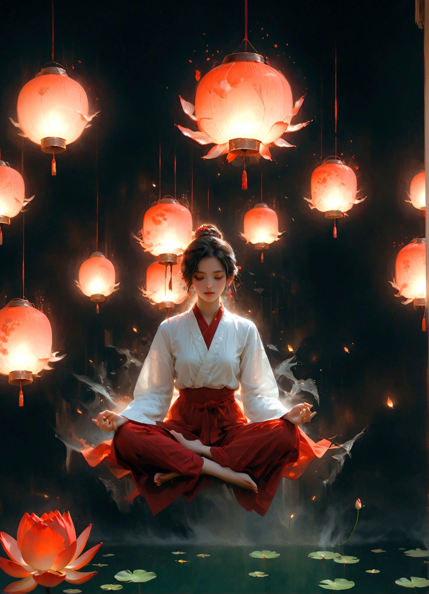 (bright colors),lotus pose,girl floating on air:2,(best quality:1.2),detailed portrait,serene background,gentle shadows,soft lighting,meditative atmosphere,delicate lines.minimalist Journey,girl floating on air:2,girl floating on air:2