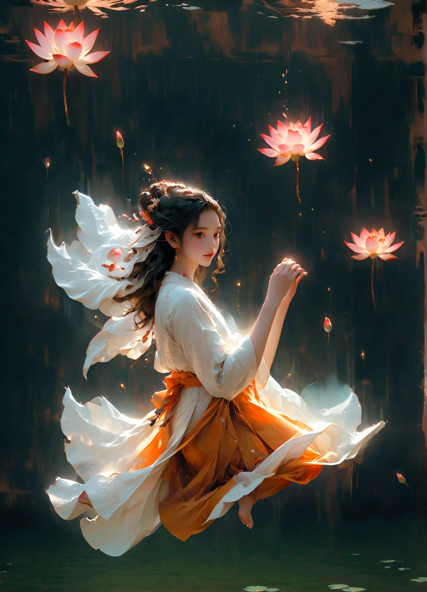 (bright colors),lotus pose,girl floating on air:2,(best quality:1.2),detailed portrait,serene background,gentle shadows,soft lighting,meditative atmosphere,delicate lines.minimalist Journey,girl floating on air:2,girl floating on air:2