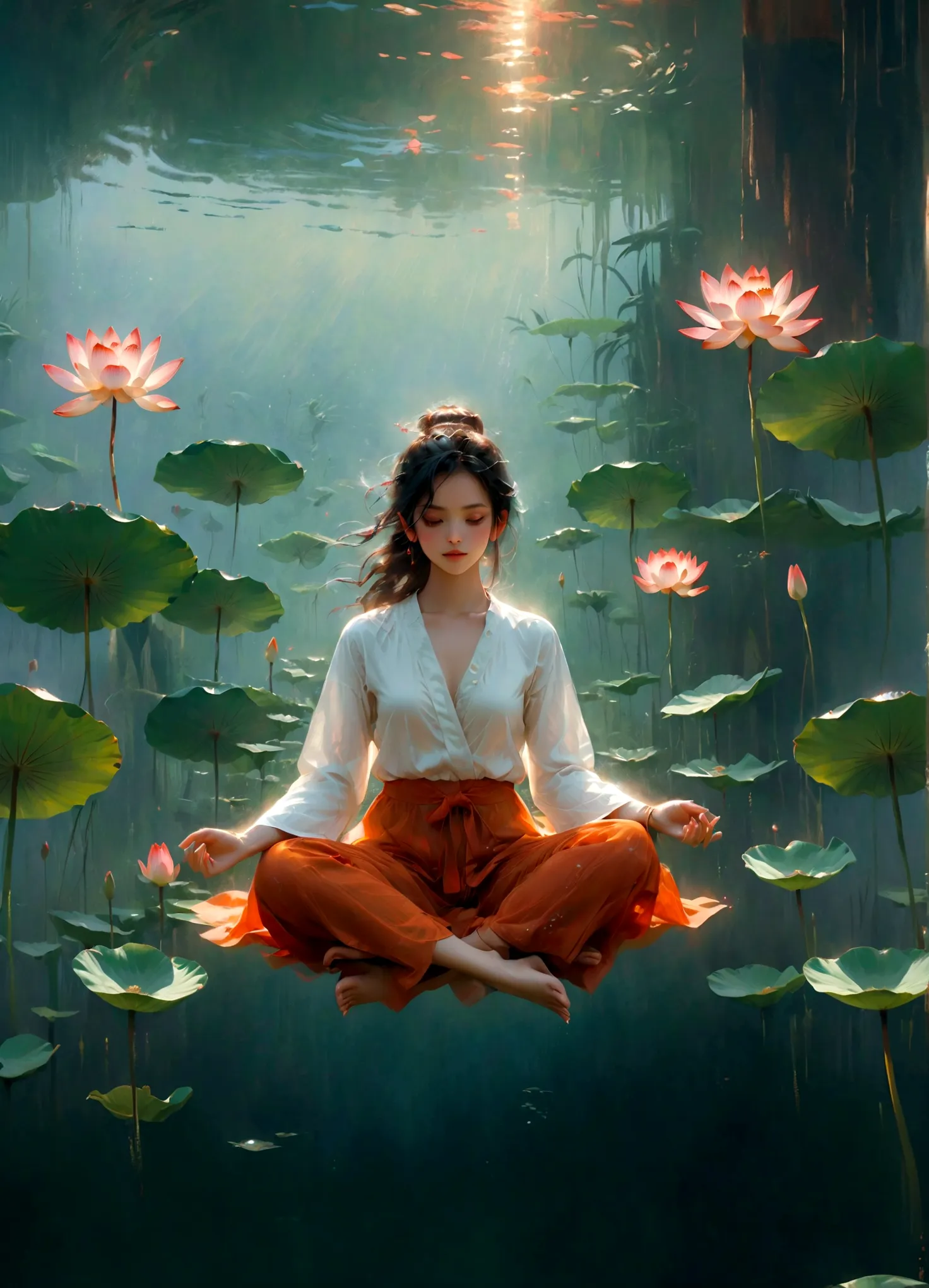 (bright colors),lotus pose,girl floating on air:2,(best quality:1.2),detailed portrait,serene background,gentle shadows,soft lig...