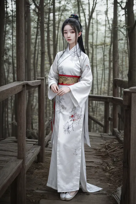 best quality, 8k, highly detailed face and skin texture, high resolution, asian girl in white chinese clothing at forest, full b...