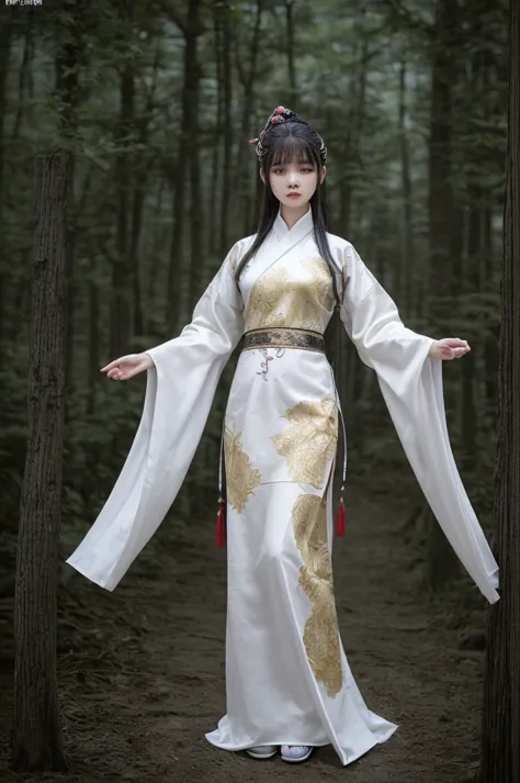 best quality, 8k, highly detailed face and skin texture, high resolution, asian girl in white chinese clothing at forest, full b...