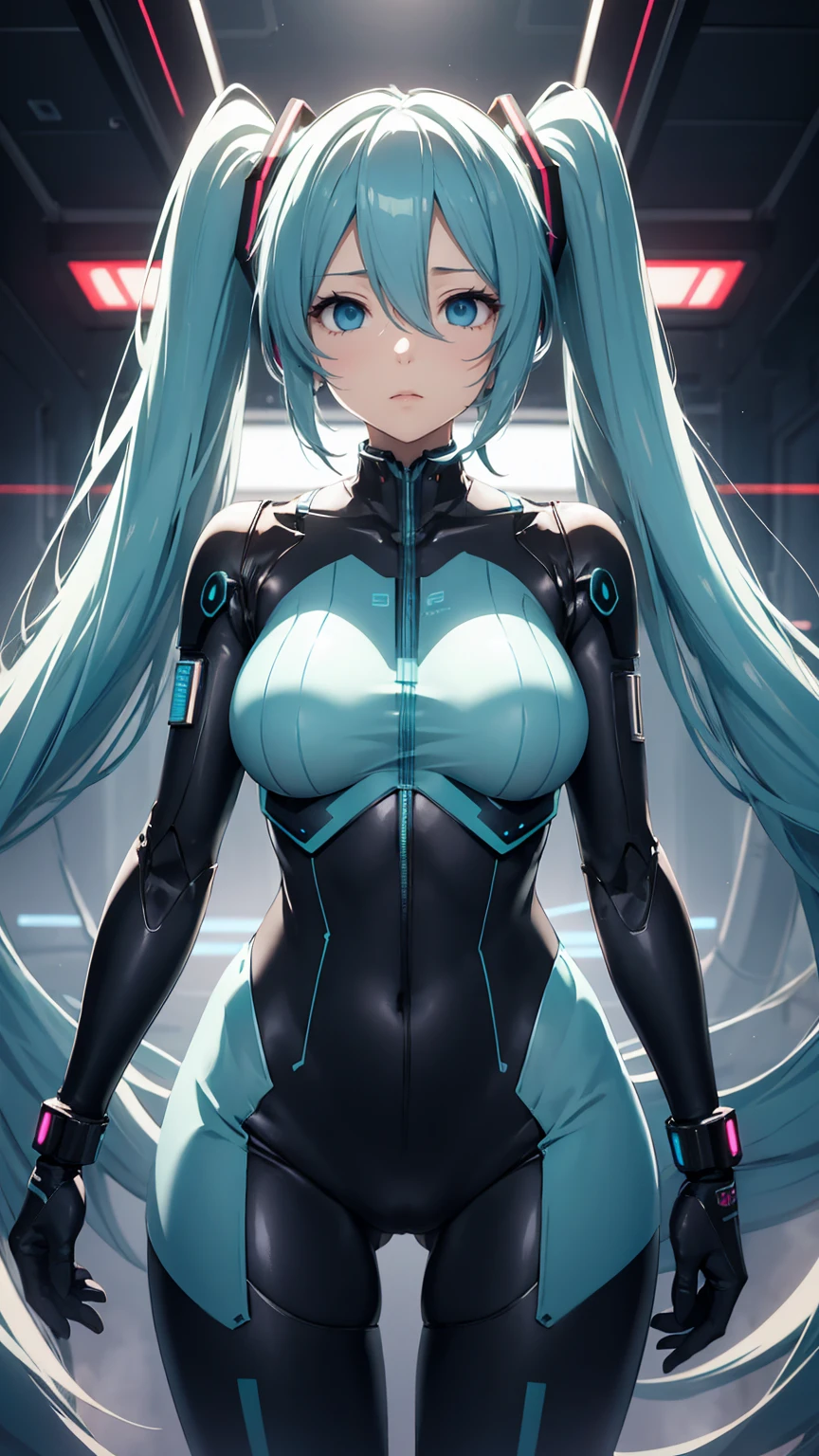 Hatsune Miku Vocaloid, Twin Tails, Light Blue Eyes, Light Blue Hair, black body suit, (mecha girl), Cyber punk, Ultimate Physical Beauty, Beautiful Eyes, big breasts, embarrassed look , Bigchest, 8K CG, Top Quality, Best Image Quality,
