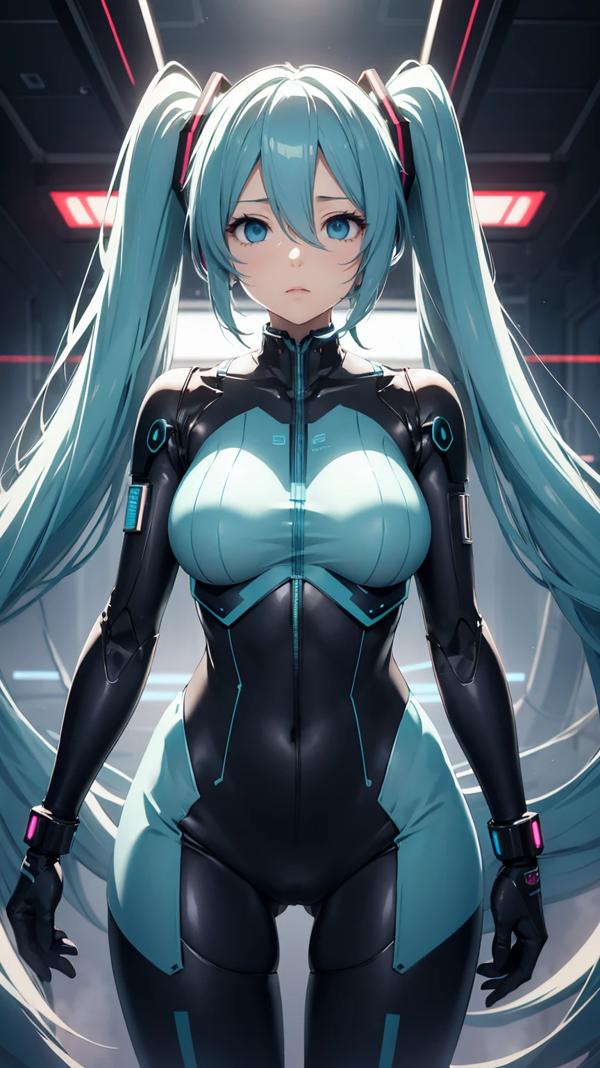 初音未來 VOCALOID, 雙馬尾, 淺藍色的眼睛, 淺藍色頭髮, 黑色緊身衣, (機甲女孩), 赛博朋克, 極致的肉體美, 漂亮的眼睛, 大乳房, 尴尬的样子 , 大胸, 8k CG, 頂級品質, 最佳影像品質,