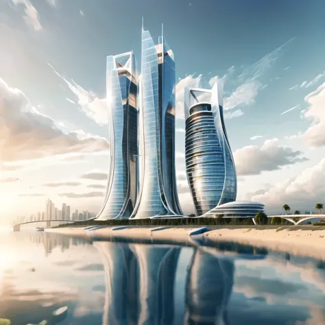 Create a detailed image of a futuristic twin tower skyscraper with a unique twisted design. The building is made of reflective g...