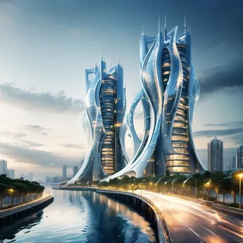 create a detailed image of a futuristic twin tower skyscraper with a unique twisted design. the building is made of reflective g...