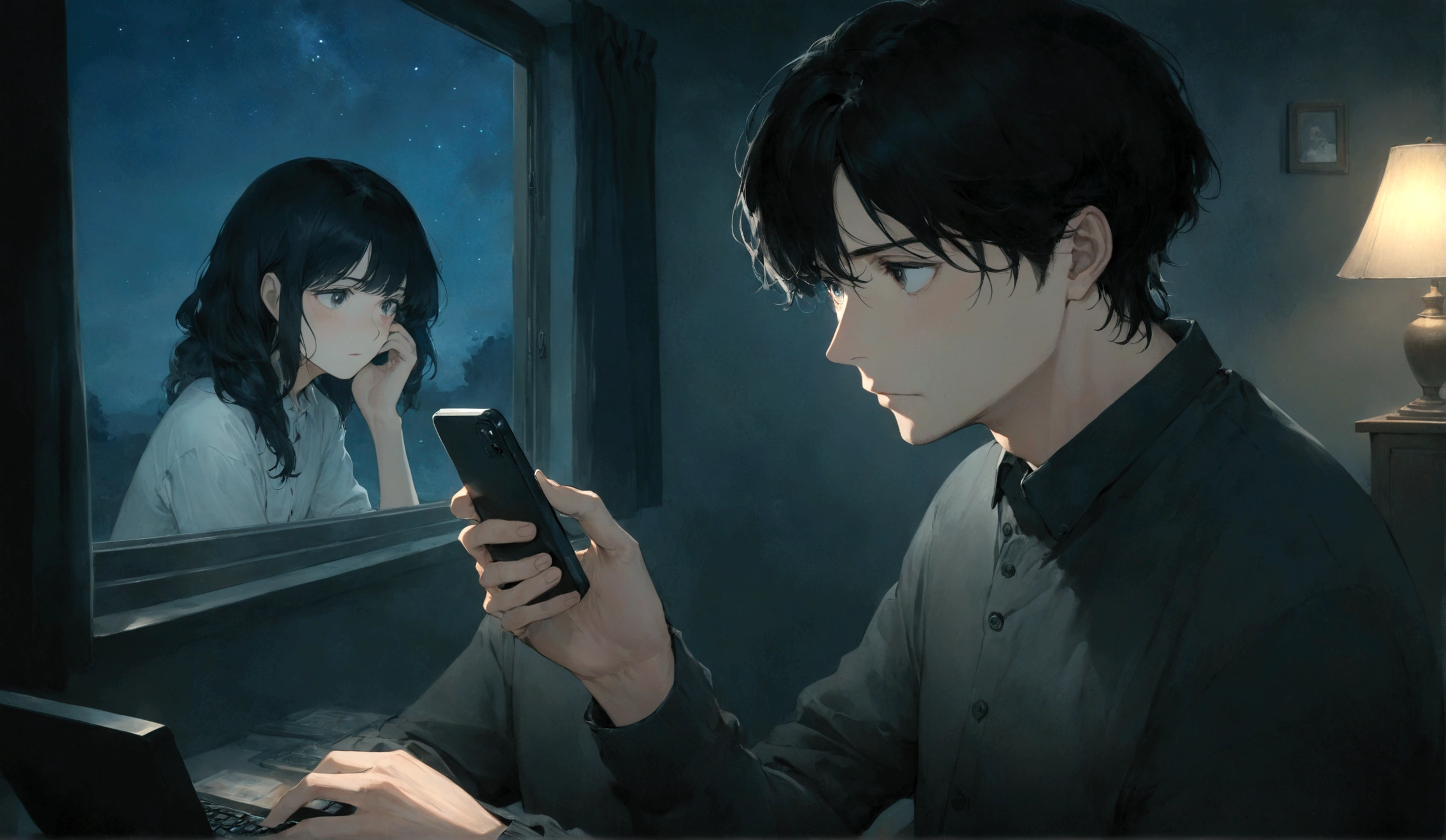 A middle aged man typing on his phone, dimly lit room, looking at the windown, night sky, great art, expression is thoughtful and slightly anxious, hinting at a deeper story. No Background