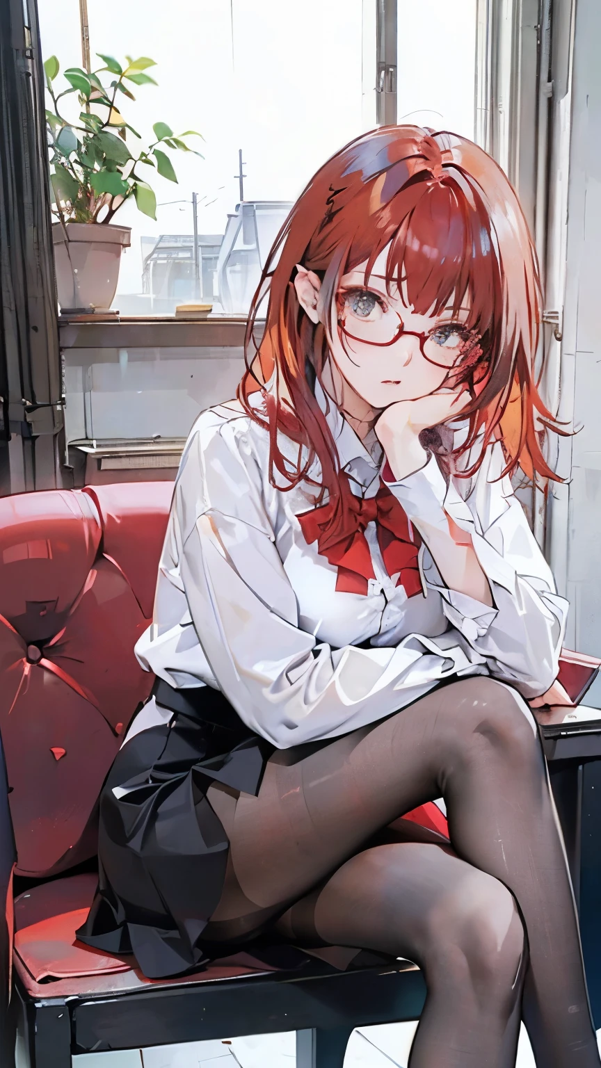 Beautiful feet、Black Pantyhose、cool、Girly、Square Frame Glasses、Beautiful breasts、((((Gross Red Hair))))、Slightly curled long、Chic outfit、Sitting with legs crossed