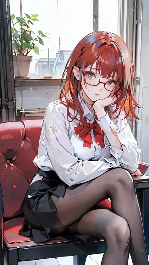 Beautiful feet、Black Pantyhose、cool、Girly、Square Frame Glasses、Beautiful breasts、((((Gross Red Hair))))、Slightly curled long、Chi...