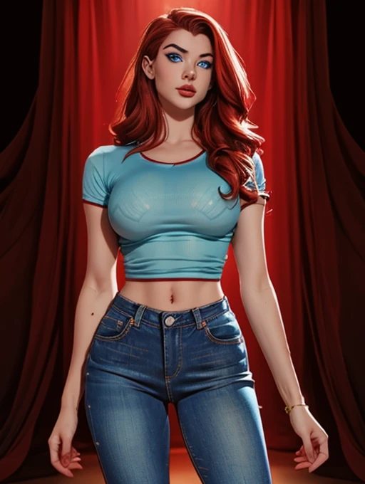 21 years old woman , long and smooth red tone hair, bright and expressive blue eyes, slim and toned figure, he opted for worn jeans, a mint color tietshirt. Busty. Booty. Comic style. Marvel comics