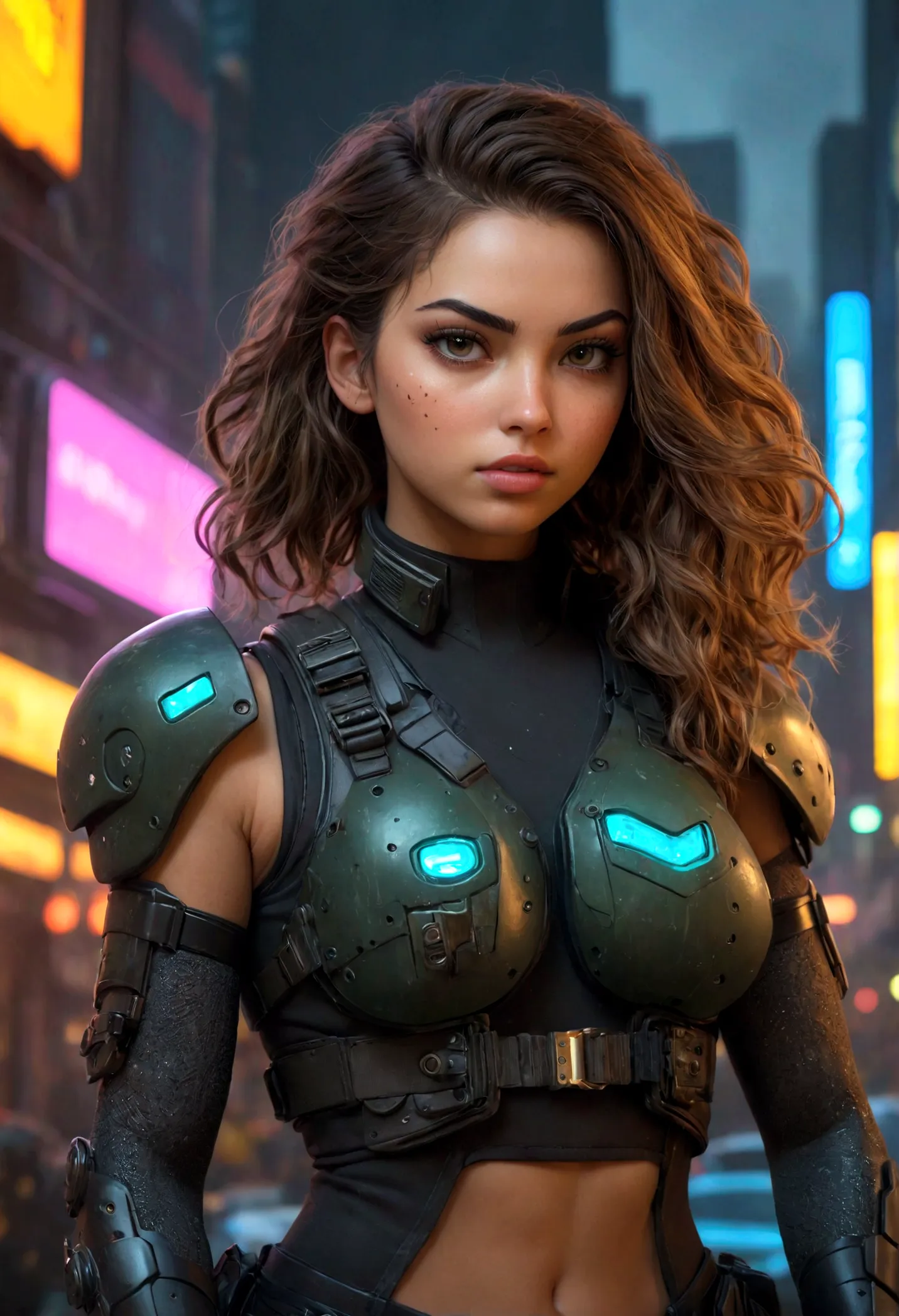 detailed cyberpunk sci-fi character, beautiful young woman, hyper-realistic, extremely detailed face and body, voluptuous breast...