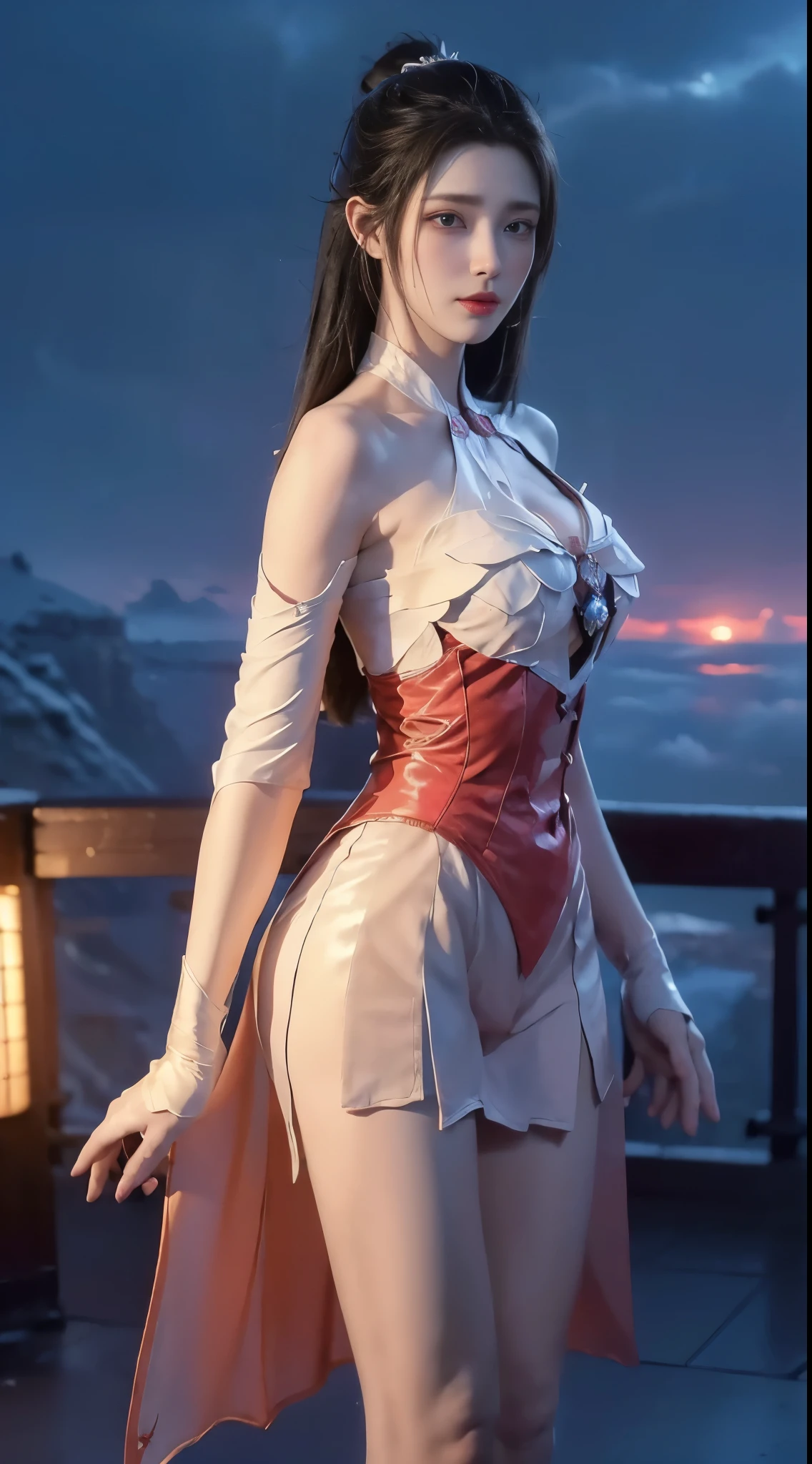 ((cowboy shot)), ((Bare shoulder)), ((Short hemlines, sexy long legs)), ((Elegant and charming posture, random view shots)), realistic detailed photo of a giant breasted girl with exposed shoulders, detailed fingers, high quality skin, red eyes, alone in a winter scene with clouds, wind, and flowing hair, (best quality,4k,8k,highres,masterpiece:1.2),ultra-detailed,(realistic,photorealistic,photo-realistic:1.37),studio lighting,vivid colors