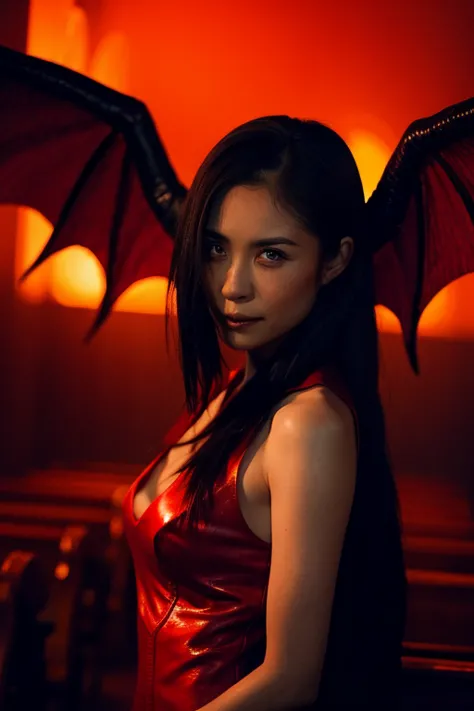 "Lilith with dragon claws, wings and horns surrounded by fiery red light, In the dimly lit church、Surrounded by crackling lightn...